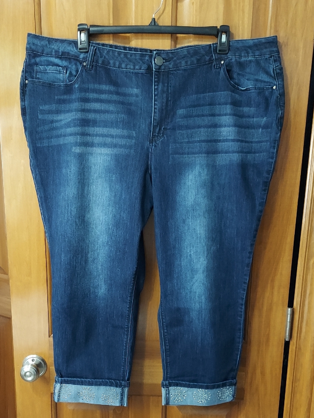 Avenue Denim Cropped Sparkly Cuffed Dark Blue Jeans, Stretchy, Size 26W, New